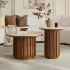 Aura 2 Piece Set Ash Wood Slatted Round Coffee Table with Sintered Stone Top ( 50 - 70 cm )