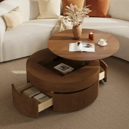 Picture of 80 cm Fluted Lift-Top Round Walnut Coffee Table with 2 Drawers
