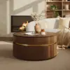 80 cm Fluted Lift-Top Round Walnut Coffee Table with 2 Drawers