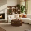 80 cm Fluted Lift-Top Round Walnut Coffee Table with 2 Drawers