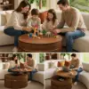 80 cm Fluted Lift-Top Round Walnut Coffee Table with 2 Drawers