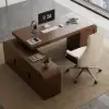 70.9" Walnut L-shaped Modern Executive Desk Left Hand & Reclining Leather Office Chair