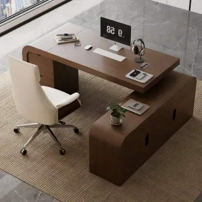 70.9" Walnut L-shaped Modern Executive Desk Right Hand & Reclining Leather Office Chair