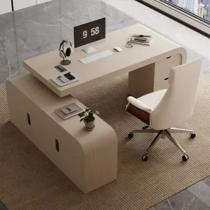 70.9" Whitewash L-shaped Executive Desk Left Hand & Reclining Leather Office Chair