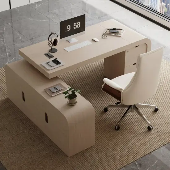 Picture of 70.9" Whitewash L-shaped Executive Desk Left Hand & Reclining Leather Office Chair