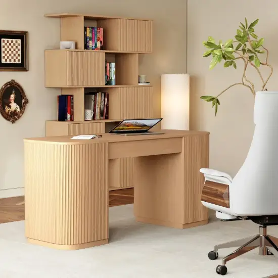 Picture of Modern 60" Natural Standing Office Desk & Sliding Door Etagere Bookshelf