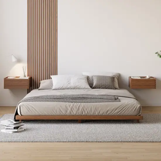 Japanese-Style Low Bed Frame with Natural Floor Bed and Floating Wooden Nightstands Set