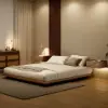 Japanese-Style Low Bed Frame with Natural Floor Bed and Floating Wooden Nightstands Set