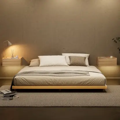 Japanese Style Low Bed Frame Walnut Floor Bed & Floating Wooden Nightstands Set