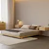 Japanese Style Low Bed Frame Walnut Floor Bed & Floating Wooden Nightstands Set