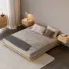 Japanese Style Low Bed Frame Walnut Floor Bed & Floating Wooden Nightstands Set