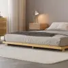 Japanese Style Low Bed Frame Walnut Floor Bed & Floating Wooden Nightstands Set