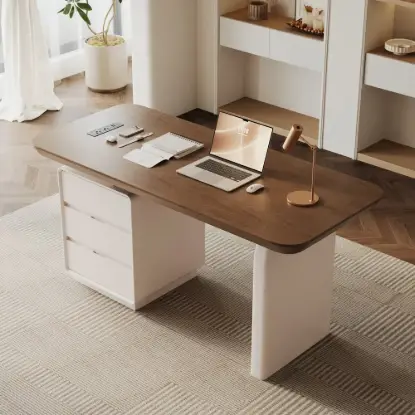 Picture of Modern 63" Rectangular Walnut Wood Desk with charging station & storage
