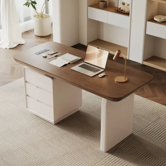 Modern 63" Rectangular Walnut Wood Desk with charging station & storage