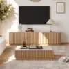 Picture of Aura TV Stand Set of Ash Wood Slatted TV Stand & Coffee Table with Sintered Stone Top – Natural