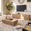 Picture of Aura TV Stand Set of Ash Wood Slatted TV Stand & Coffee Table with Sintered Stone Top – Natural