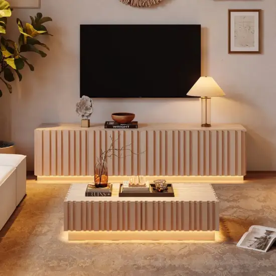 Aura TV Stand Set of Ash Wood Slatted TV Stand & Coffee Table with Sintered Stone Top – Whitewash