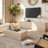 Aura TV Stand Set of Ash Wood Slatted TV Stand & Coffee Table with Sintered Stone Top – Whitewash