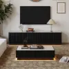 Aura TV Stand Set of Ash Wood Slatted TV Stand & Coffee Table with Sintered Stone Top – Black
