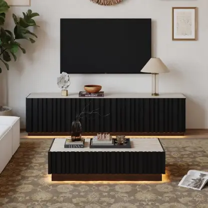 Aura TV Stand Set of Ash Wood Slatted TV Stand & Coffee Table with Sintered Stone Top – Black