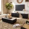 Aura TV Stand Set of Ash Wood Slatted TV Stand & Coffee Table with Sintered Stone Top – Black