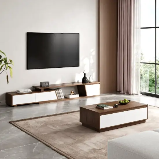 Fero TV Stand Set of Wood White & Walnut Extendable TV Stand & Rectangular Coffee Table – HDF