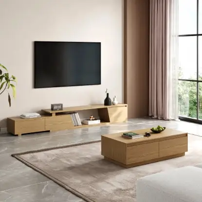 Picture of Fero TV Stand Set of Wood Natural Extendable TV Stand & Rectangular Coffee Table – AUD-H2684