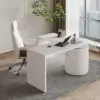 Modern 60" L-Shaped Matte Warm White Executive Desk with Drawers, Rotating Design