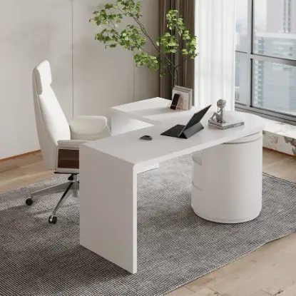 Picture of Modern 60" L-Shaped Matte Warm White Executive Desk with Drawers, Rotating Design