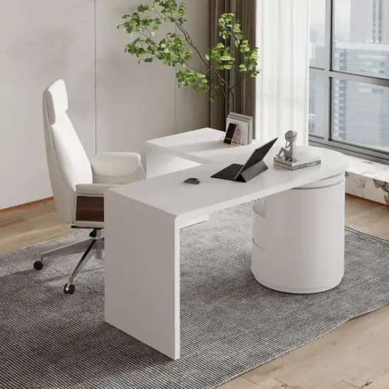 Modern 60" L-Shaped Matte Warm White Executive Desk with Drawers, Rotating Design