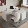 Modern 60" L-Shaped Matte Warm White Executive Desk with Drawers, Rotating Design