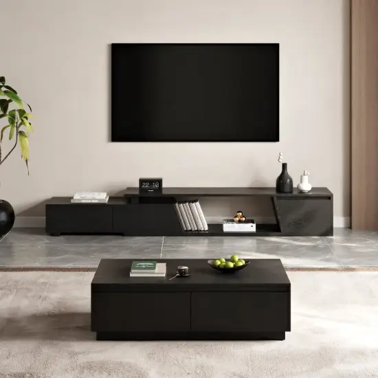 Fero TV Stand Set of Wood Black Extendable TV Stand & Rectangular Coffee Table – AUD-H2690
