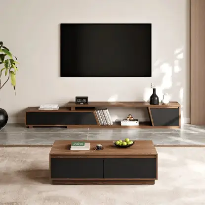 Picture of Fero TV Stand Set of Wood Black & Walnut Extendable TV Stand & Rectangular Coffee Table