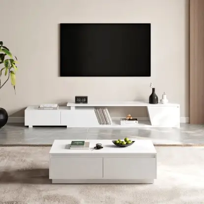 Picture of Fero TV Stand Set of Wood White Extendable TV Stand & Rectangular Coffee Table – AUD-H2693