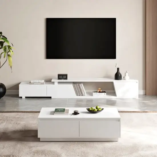 Fero TV Stand Set of Wood White Extendable TV Stand & Rectangular Coffee Table – AUD-H2693