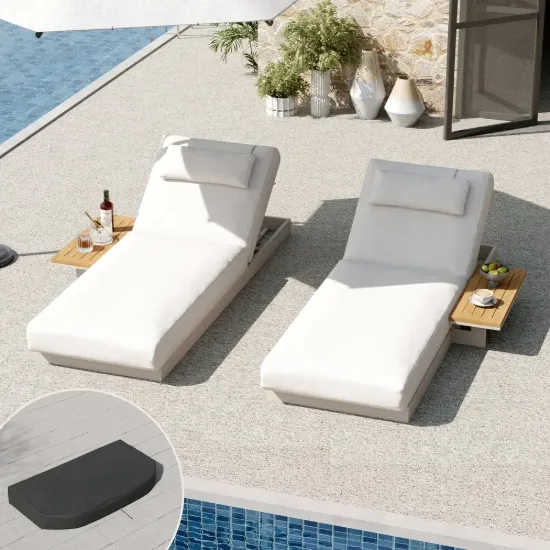 Tevara 2-Piece Sand Teak & Aluminium Adjustable Outdoor Chaise Lounge with Black Cover