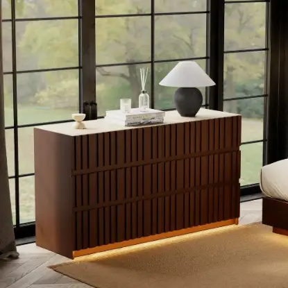 Aura 150 cm Walnut and Sintered Stone 6-Drawer Lighted Dresser