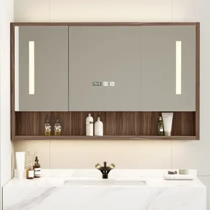 100cm Walnut LED Medicine Cabinet with Adjustable Lighting, Demister and Digital Clock