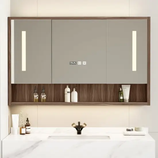 100cm Walnut LED Medicine Cabinet with Adjustable Lighting, Demister and Digital Clock