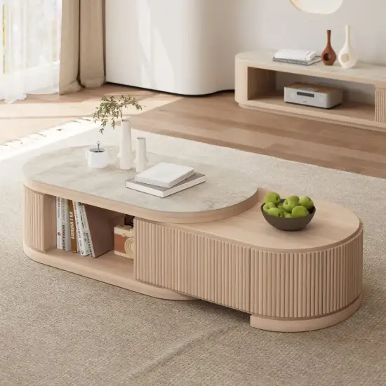 Velar 47"-67" Extendable Coffee Table with Sintered Stone Top and Storage – Beige