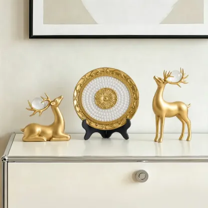 3PCS Golden Deer Figurine with Decorative Plate Set Luxury Resin Animal Sculptures