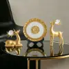 3PCS Golden Deer Figurine with Decorative Plate Set Luxury Resin Animal Sculptures