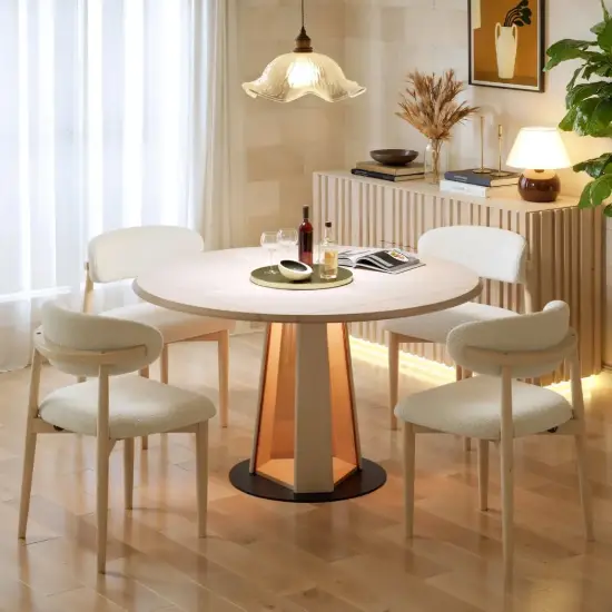 90 - 120 cm Solid Whitewash Wood Extendable Dining Table with Light