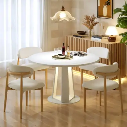 90 - 120 cm Solid Matte Warm White Wood Extendable Dining Table with Light