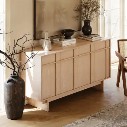 Mid Century Modern 60" Natural Wood Sideboard with Storage & Adjustable Shelves