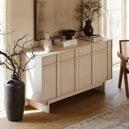 Mid Century Modern 60" Whitewash Wood Sideboard with Storage & Adjustable Shelves