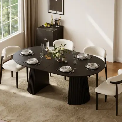 Picture of Modern 47"-79" Extendable Black Wood Dining Table with Fluted Base, Seats 4-6