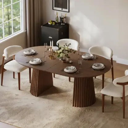 Picture of Modern 47"-79" Extendable Walnut Wood Dining Table with Fluted Base, Seats 4-6