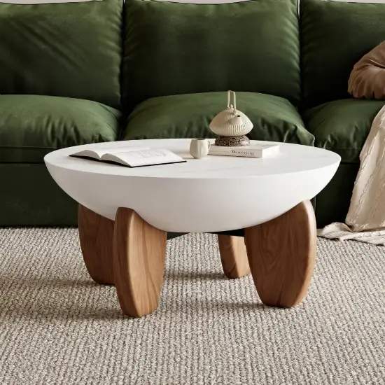 Curva 30" Round Concrete-Look Fiberglass Coffee Table with Wood Legs – White