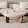 Curva 30" Round Concrete-Look Fiberglass Coffee Table with Wood Legs – Beige – Walnut – 95cm